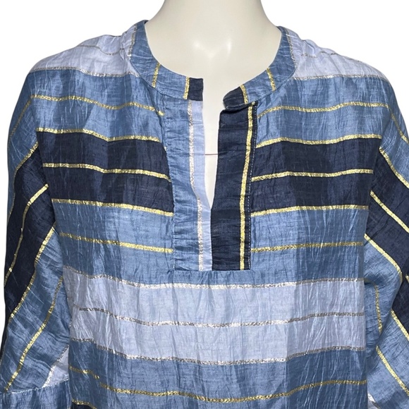 Vilagallo Blue Metallic Linen Blend Top Made In Portugal Blouse Size 42, US M/8 - Picture 3 of 9